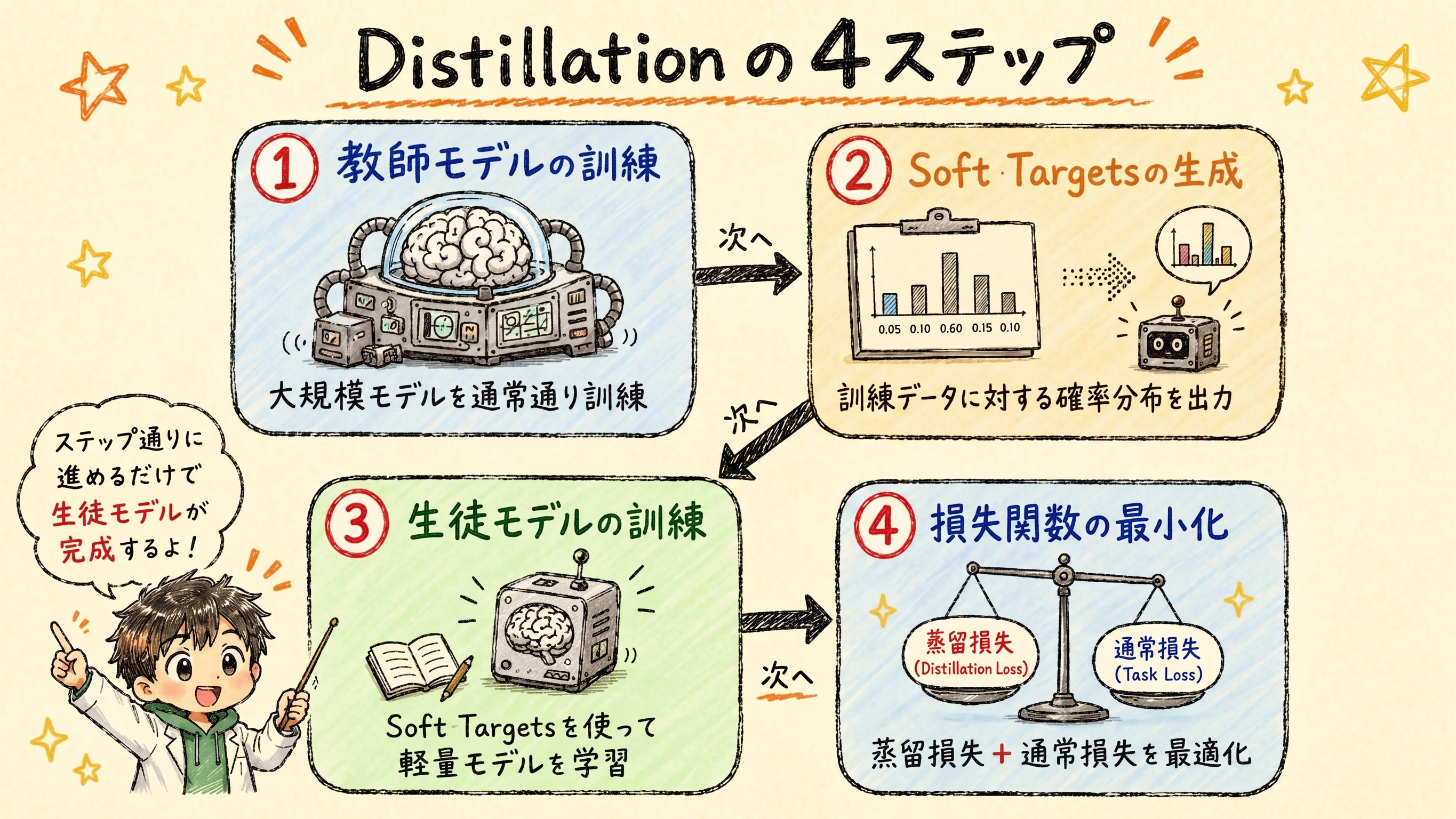 Distillationアルゴリズムの4ステップを示すプロセスフロー図